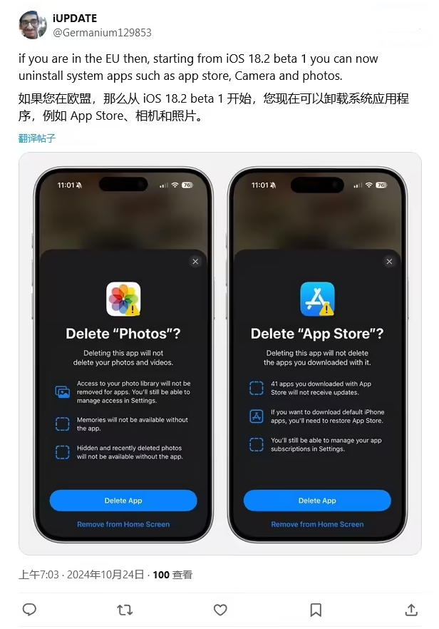 泸州苹果手机维修分享iOS 18.2 支持删除 App Store 应用商店 