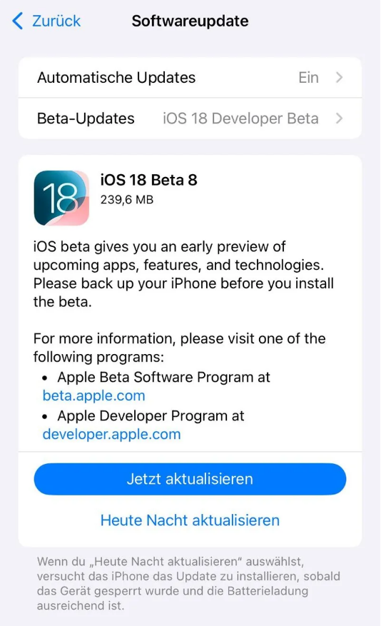 泸州苹果手机维修分享苹果 iOS / iPadOS 18 开发者预览版 Beta 8 发布 